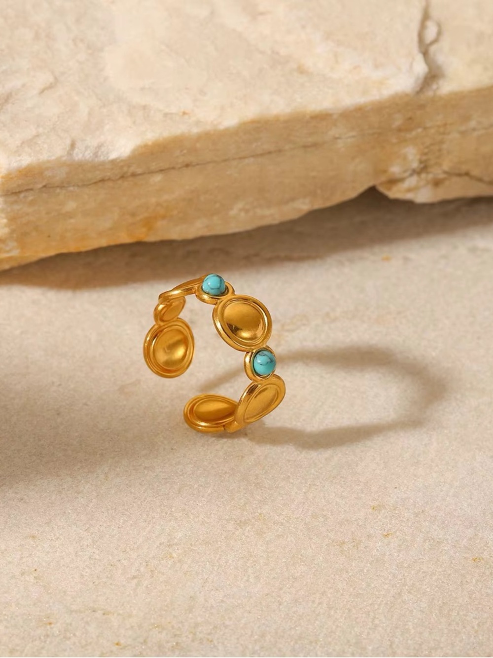 18K Gold Plated Adjustable Natural Turquoise Stone Ring - Picture 3 of 9